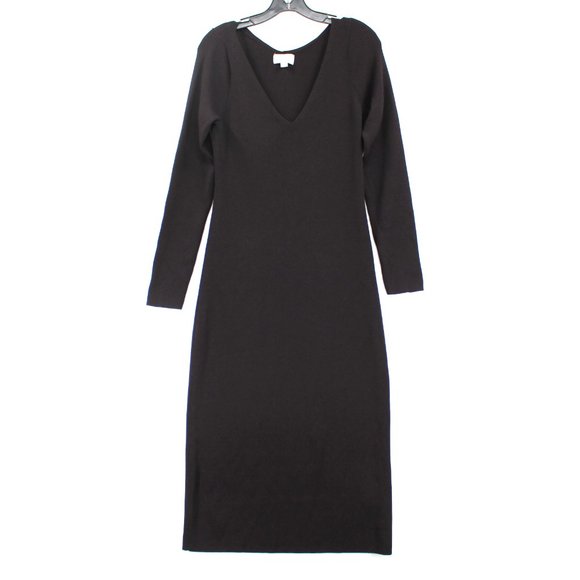 J. Crew Collection Black Stretch Ribbed Knit V-Neck Long Sleeve Dress Large Midi - Picture 1 of 7